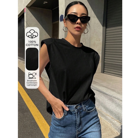 Cotton Padded Shoulders Black Muscle Tee Shirt Stretchy Round Neck - Picture 3 of 8